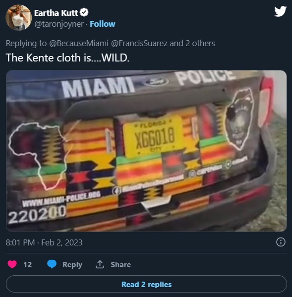 Black Twitter reacts Miami Mayor Ponzi Postalita Francis Suarez's black history month police cruiser with Kente Cloth Designs
