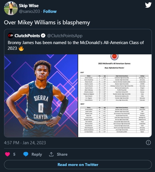 Social Media Reaction to Bronny James Being Selected Over Mikey Williams to the McDonald's All American Class of 2023