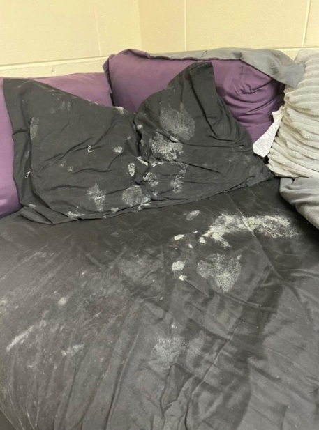 Evidence of mold growing on bedsheets in dorms at Bethune-Cookman University.
