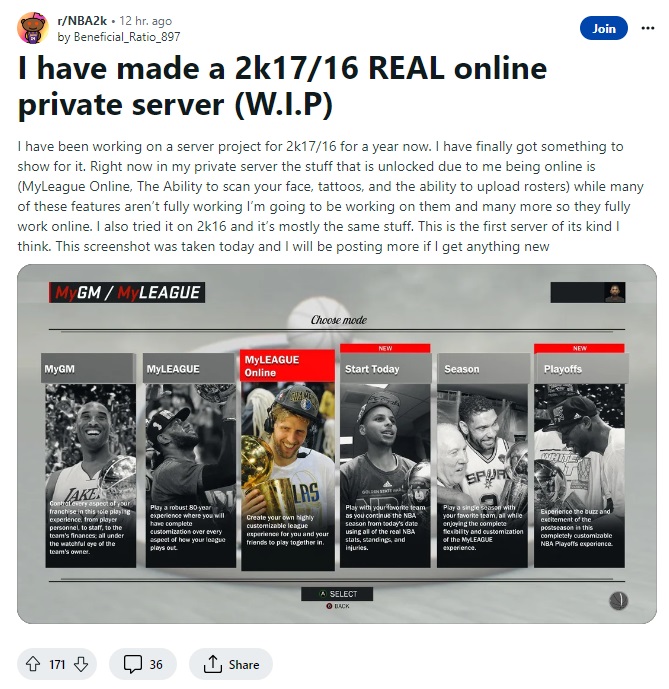 Reddit User Claims He Has Created the First Working NBA 2K17 and 2K16 Online Private Server