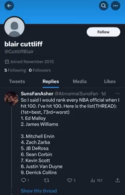 Why People Believe NBA Referee Eric Lewis' Burner Account @CuttliffBlair, aka Blair Cuttliff on Twitter Got Exposed