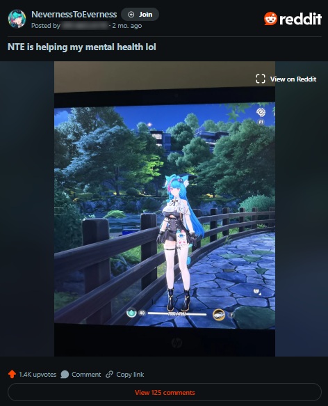reddit user explaining how NTE: Neverness to Everness cure their depression