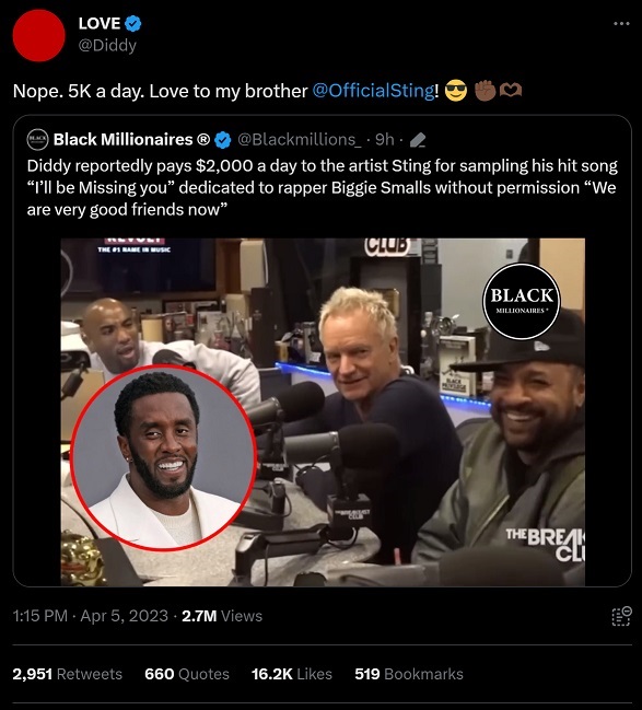 P Diddy Reacts to Report He Pays Sting $2,000 a Day with Shocking Correction he actually pays $5,000 a day
