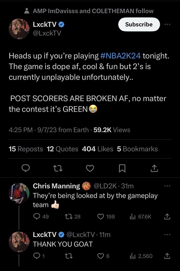 Chris Manning Responds to Complaint About Post Scoring being broken in NBA 2k24