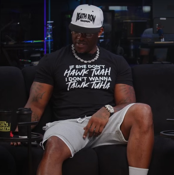 Rashad McCants' wearing Hawk Tuah Girl T-Shirt on Gil's Arena