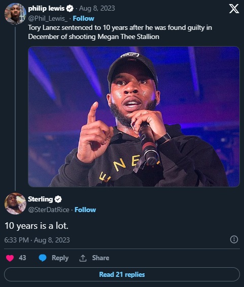 social media user reacting negatively to Tory Lanez getting ten years in prison