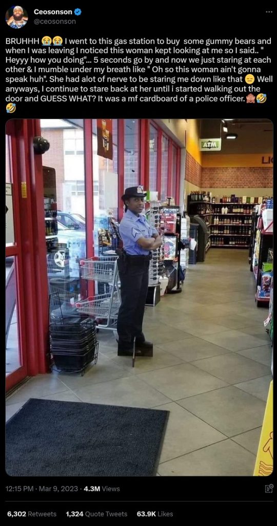 Realistic Looking Female Cardboard Police Officer at Gas Station Tricks Customers into Attempting Conversations