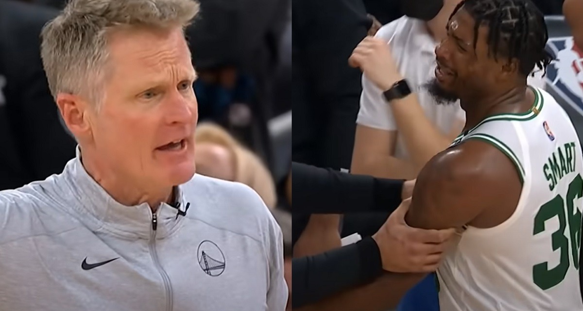 Steve Kerr Fights Marcus Smart After Stephen Curry Ankle Leg Injury during Celtics vs Warriors.