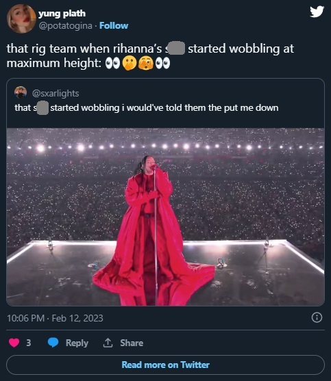 Rihanna's Stage Platform Shaking 200ft in Mid-Air During Super Bowl LVII Performance Trends after Second Pregnancy Rumor