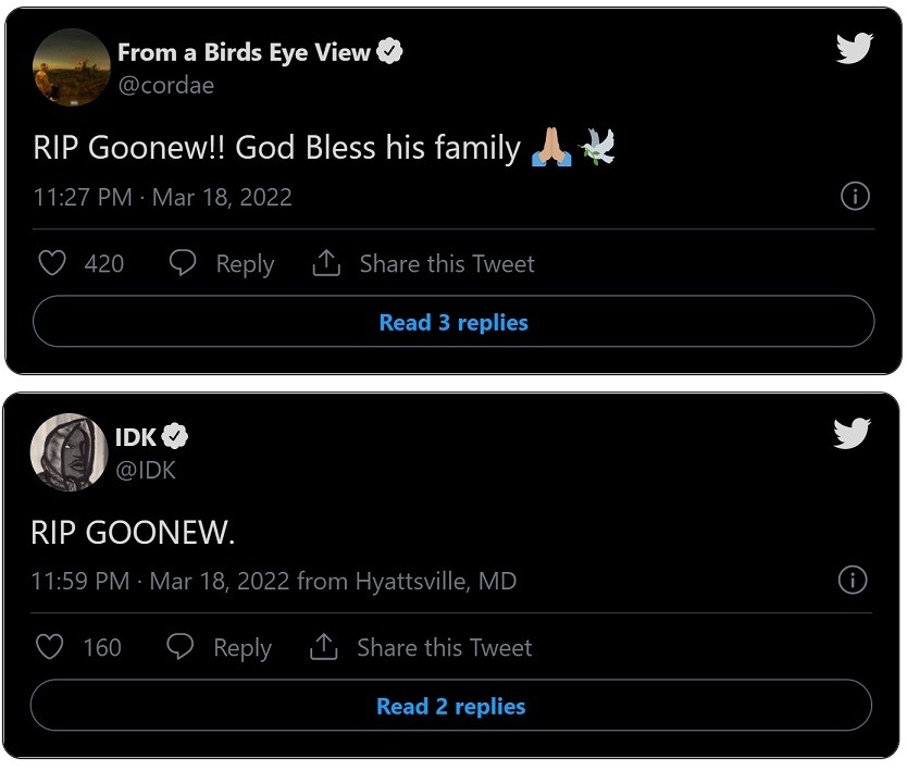 Celebrity reactions to Rapper Goonew's death after shooting.