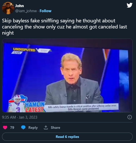 Skip Bayless fake sniffling crying on Undisputed while apologizing for Damar Hamlin tweet.