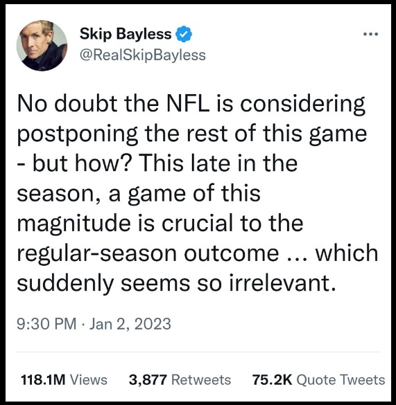 Skip Bayless fake sniffling crying on Undisputed while apologizing for Damar Hamlin tweet after Shannon Sharpe didn't show up.