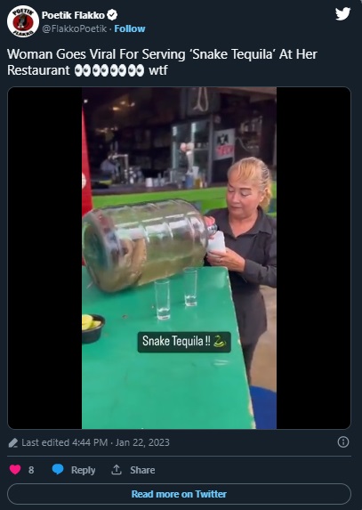 Video of woman serving Snake Tequila at her restaurant in Mexico