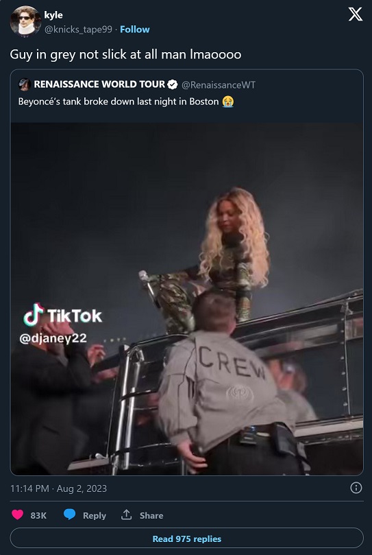 Stage Crew Member Touches Beyonce's Butt After Tank Break Down During Concert in Viral Video