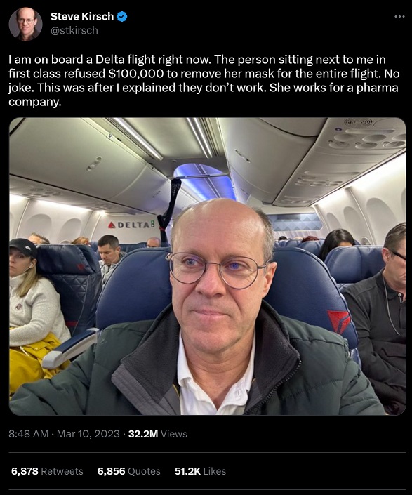 Woman Turns Down $100K Offer From Steve Kirsch To Remove her Face Mask During Delta Airlines Flight