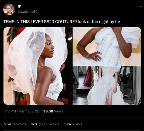 Reaction to Tems' White Lever SS23 Couture Dress Outfit at 95th Academy Awards Oscars
