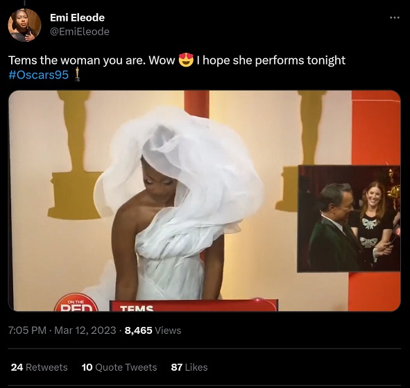 Reactions to Tems' White Lever SS23 Couture Dress Outfit at 95th Academy Awards Oscars