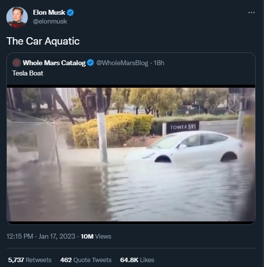 Elon Musk reaction to woman driving Tesla car through floodwater. Elon says 'The Car Aquatic'