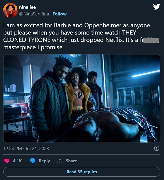 Twitter user reviewing They Cloned Tyrone Movie