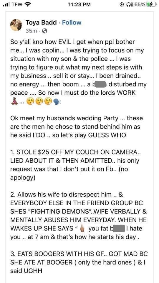 Woman Named Toya Badd Exposing All of Her Husband's Friends One by One in Facebook Thread