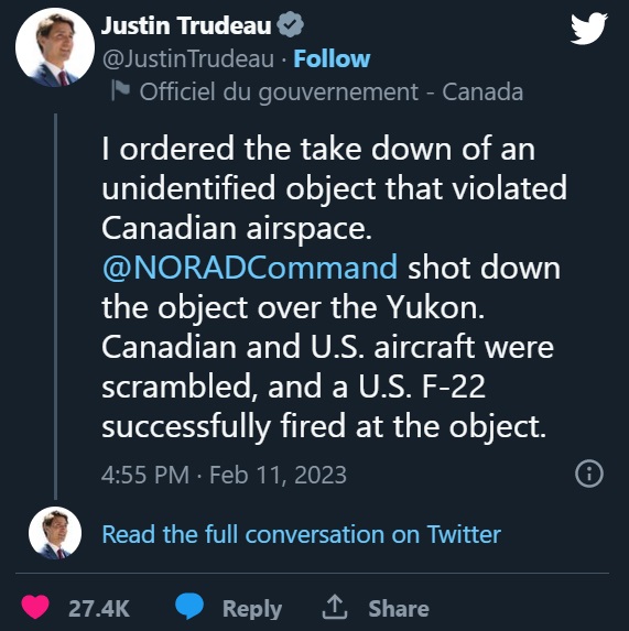 Justin Trudeau Reacts After Videos of Another UFO Shot Down in Canadian Airspace by U.S. F-22 Spark Conspiracy Theories