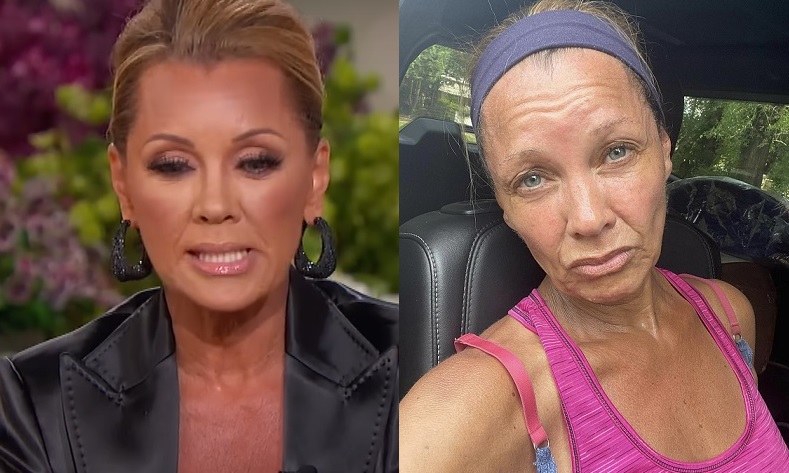 Vanessa Williams face with and without makeup compared side by side.