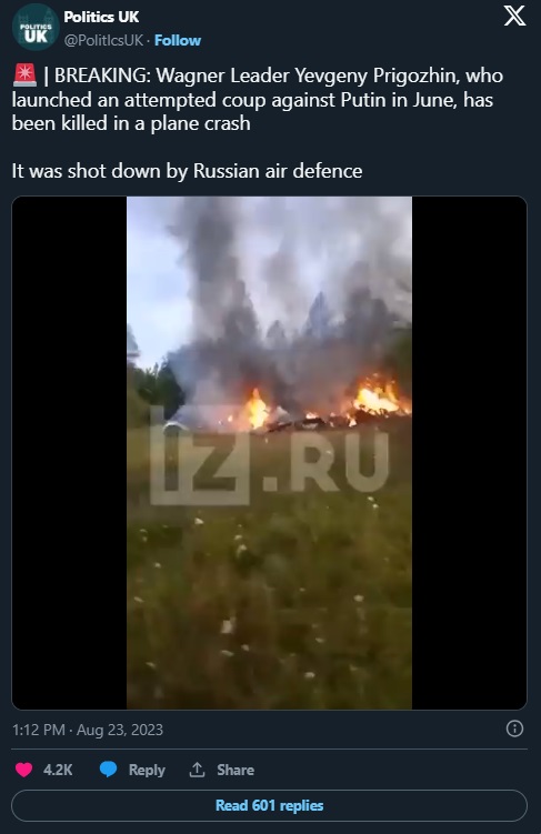 Photo showing Wagner Chief Yevgeny Prigozhin's Plane Crash burning on fire