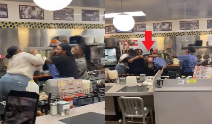 White Waffle House Employee Blocking Chair Throw with One Arm During Christmas Fight Video Trends with Job Training