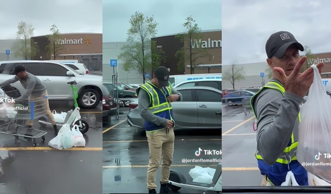 Walmart Customer Using Lime Electric Scooter to Carry All His Bags and Giant Watermelon in the Rain Goes Viral