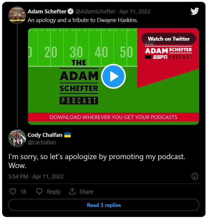 Reaction to Adam Schefter promoting his podcast with Dwayne Haskins' death.