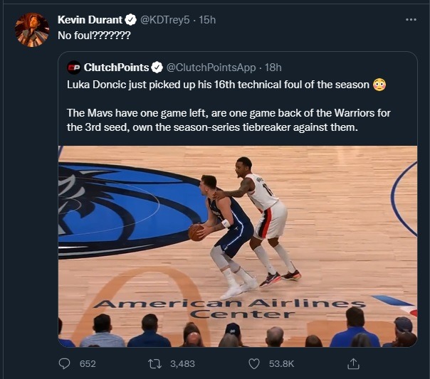 Kevin Durant tweet about Luka Doncic 16th technical foul.