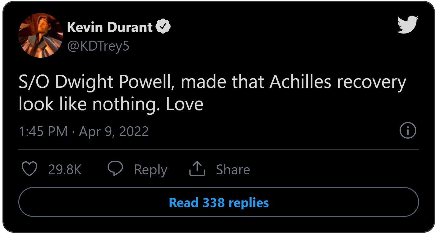 Kevin Durant tweet about Dwight Powell Achilles injury.