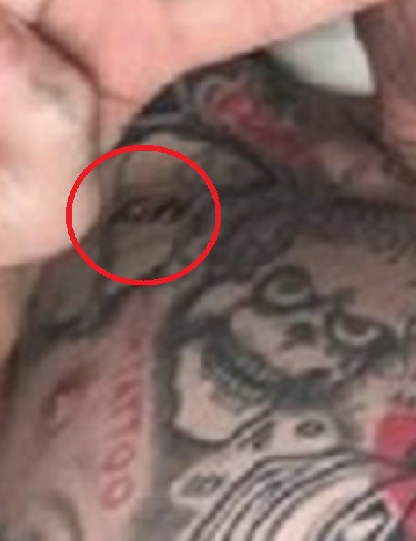 Detailed image of Pete Davidson Kim Kardashian tattoo on his chest. 