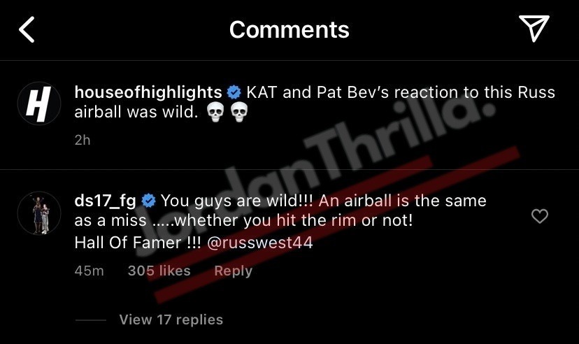 Screenshot of Dennis Schroder commenting of Russell Westbrook's air ball shot.