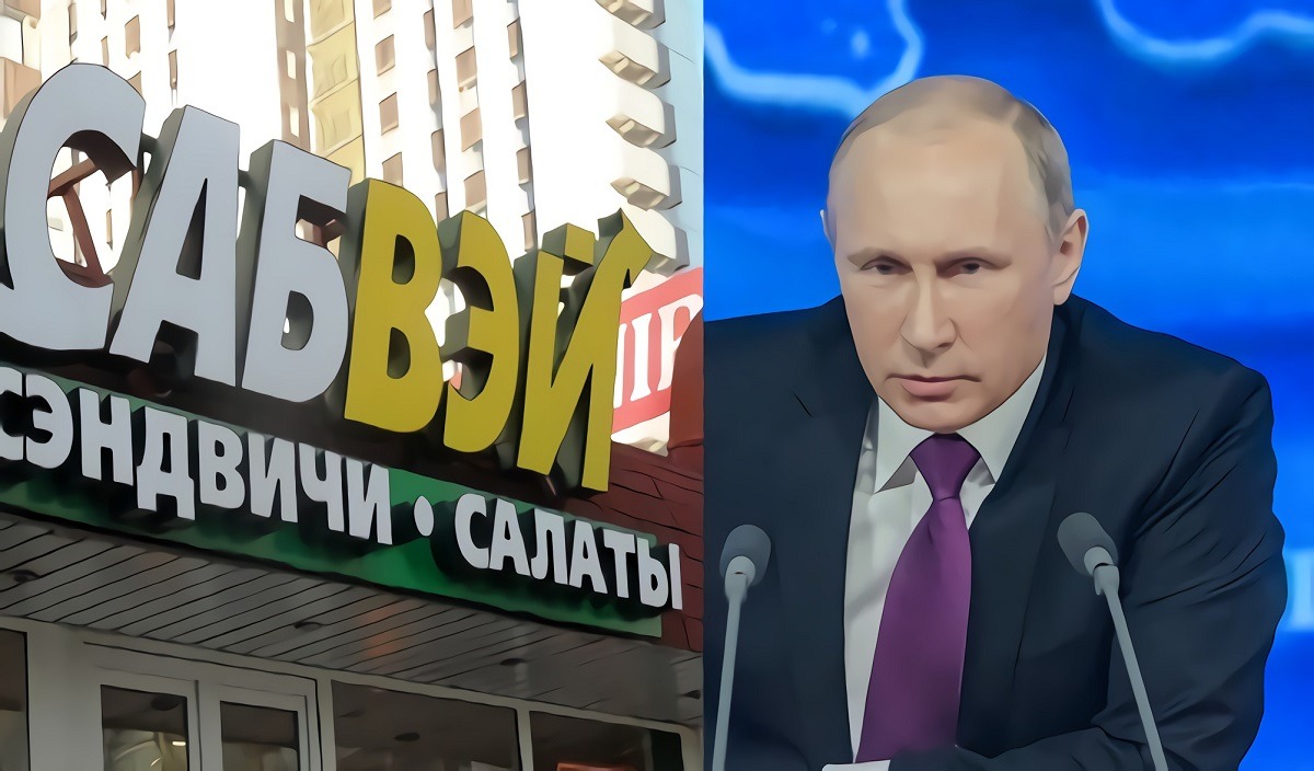 Vladimir Putin standing next to Subway in Russia.