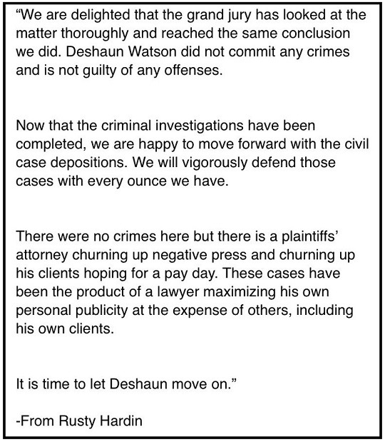 Did Grand Jury Confirm Deshaun Watson's Accusers Lied? Deshaun Watson's Lawyer Releases Statement After Grand Jury Says Not Guilty