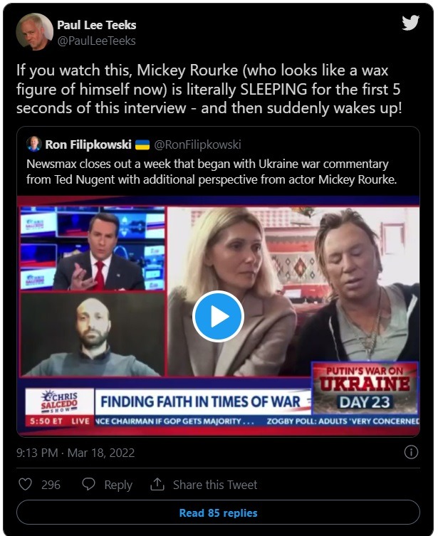 Social Media Roasts Mickey Rourke's Face Plastic Surgery After Ukraine War Comments on Newsmax