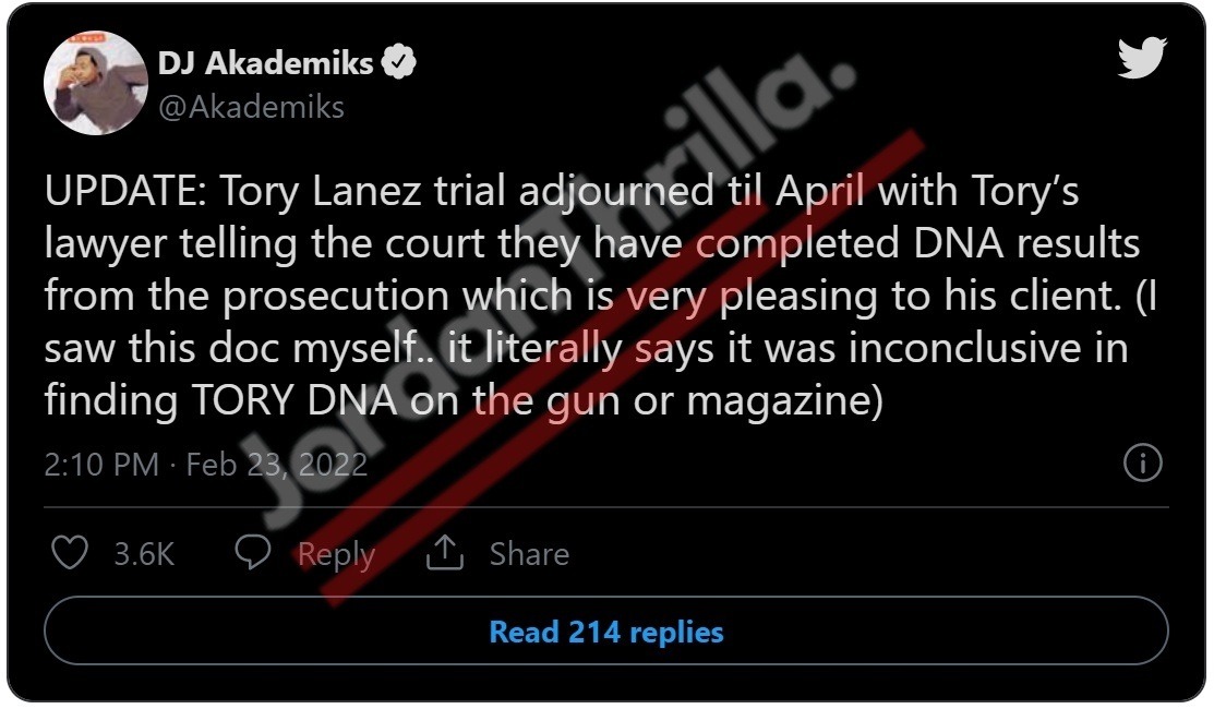 Is Tory Lanez Innocent? DJ Akademiks Responds to Megan Thee Stallion Doubling Down on Tory Lanez's DNA Not Found on Gun Claim. Details on why Tory Lanez's DNA is not on gun in Megan Thee Stallion shooting case.