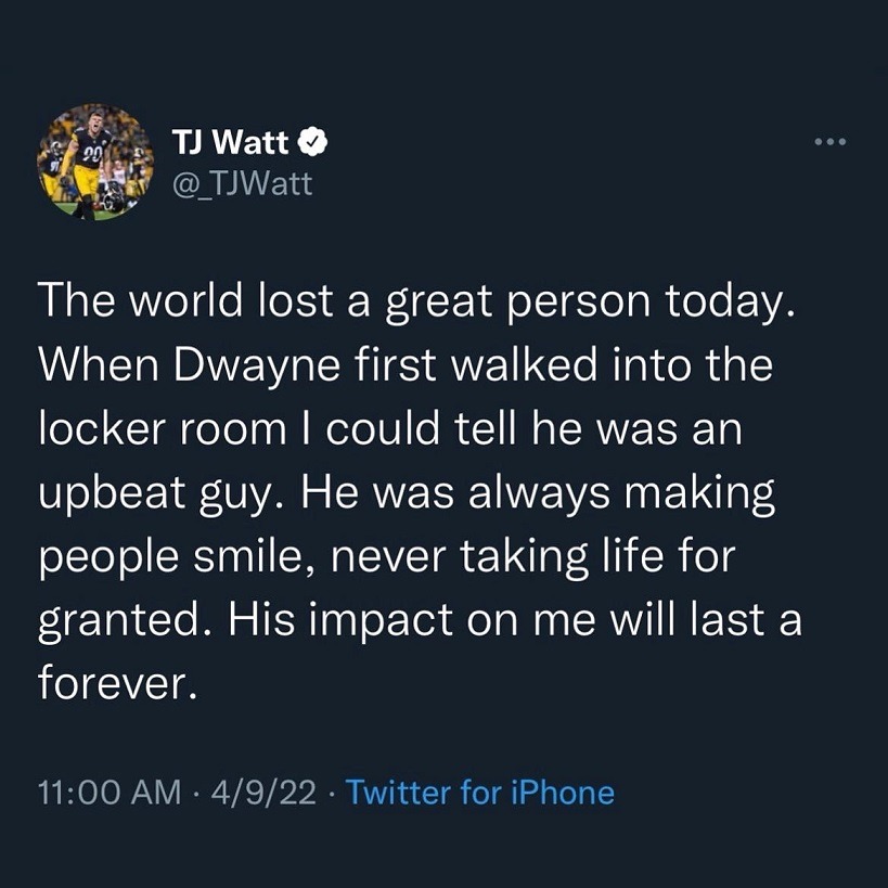 NFL Player TJ Watt reacts to Dwayne Haskins dead by possible suicide. 