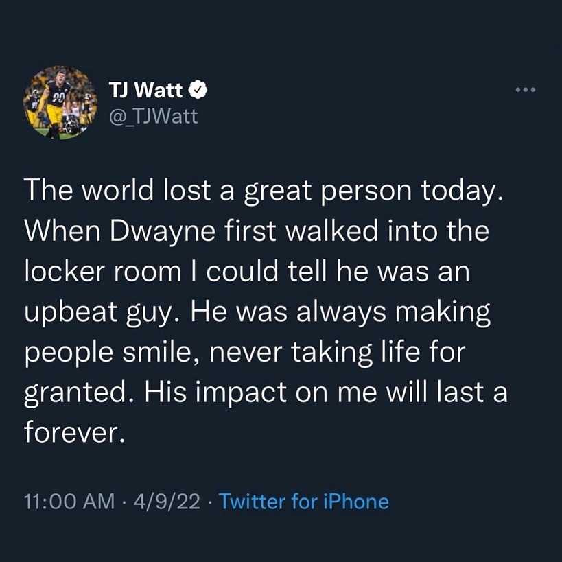 NFL Player TJ Watt reacts to Dwayne Haskins dead by possible suicide.
