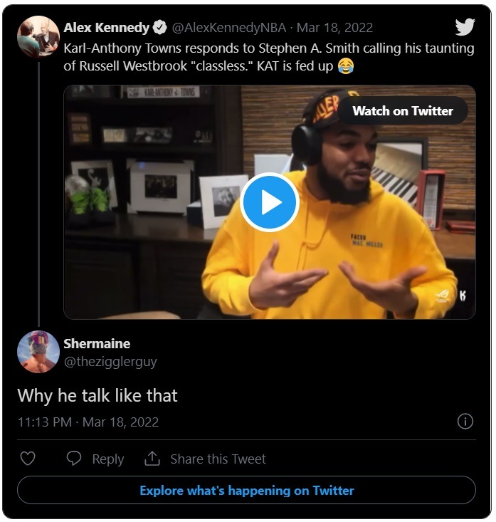 people react to Karl Anthony Towns' voice while responding to Stephen A Smith.