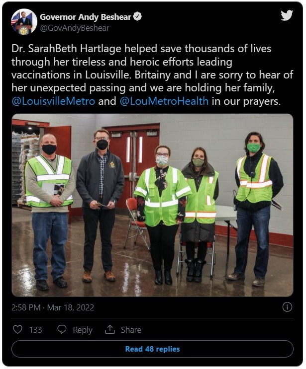 Governor Andy Beshear tweet about SarahBeth Hartlage dead.