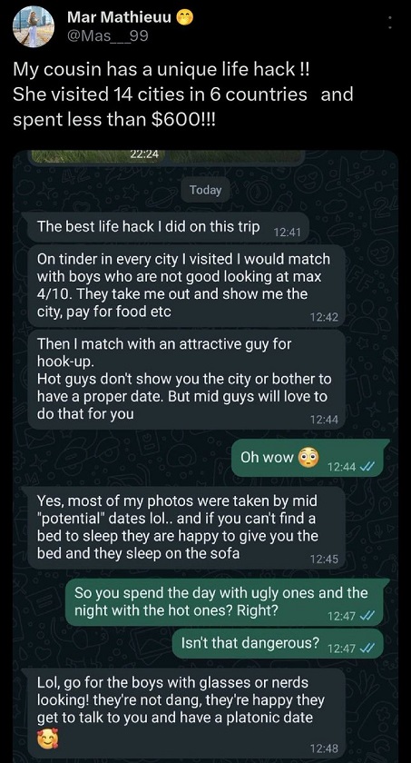 Woman's Tinder Cheat Code For Cheap Traveling Discovery Text Messages