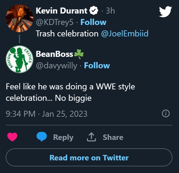 Wrestling Fans Didn't Like KD's Reaction to Joel Embiid's 'Degeneration X' Gesture Celebration