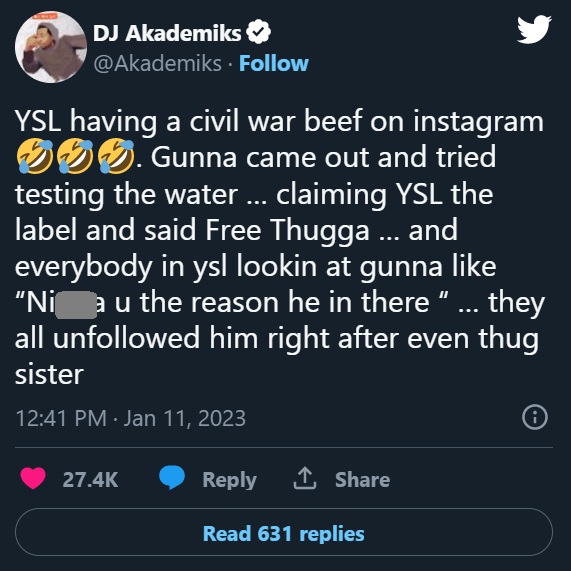 YSL Civil War: DJ Akademiks reacts to Gunna first social media post since snitching on Young Thug. YSL unfollows Gunna